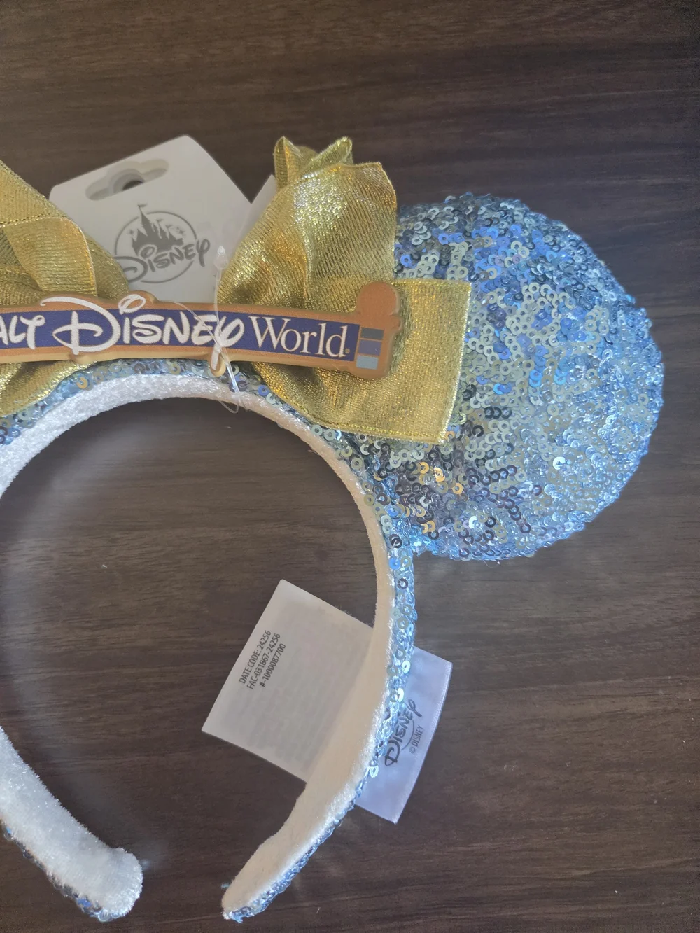 Disney~Parks Minnie Mouse Ears Walt Disney-World Blue Sequins Gold Bow Headband,